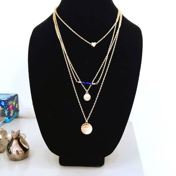 Layered Gold Plated Heart Long Necklace Medallion Pendant Blue stones Chain tree - Picture 9 of 15